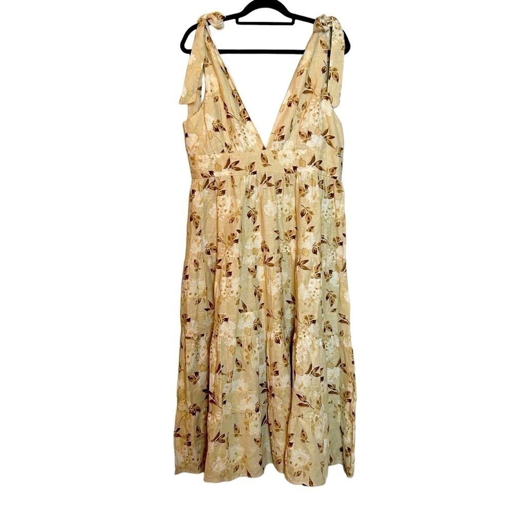 House of Harlow 1960 Cream and Brown Floral & Leaf Tiered Linen Blend Maxi Dress - Picture 1 of 16